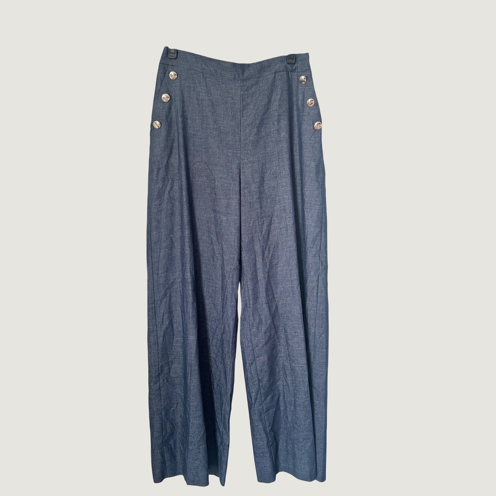 Zara Wide Leg Trousers Women Large Blue Linen Blend Sailor Button High Rise